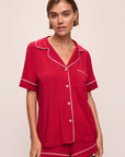 Model wears the Gisele TENCEL™ Modal Relaxed Short PJ Set in Haute Red/Ivory.