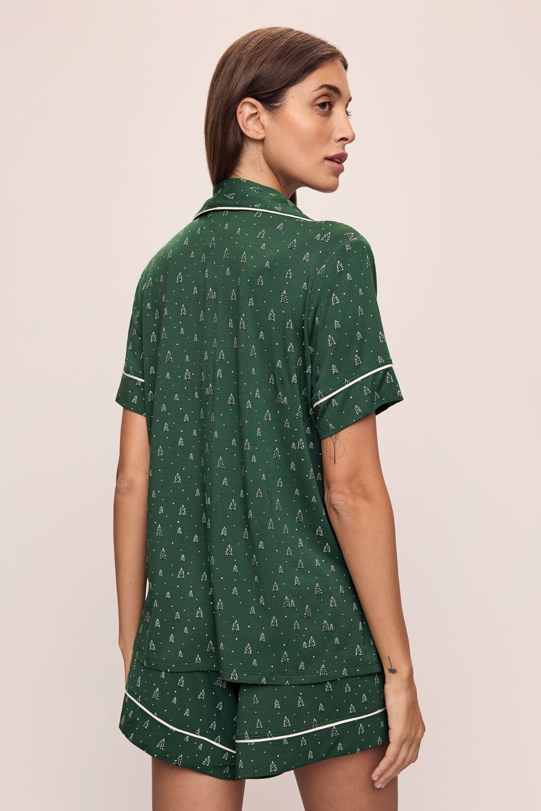 Model wears Gisele Printed TENCEL™ Modal Relaxed Short PJ Set in Winterpine Forest Green/Ivory.