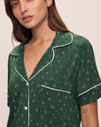 Model wears Gisele Printed TENCEL™ Modal Relaxed Short PJ Set in Winterpine Forest Green/Ivory.