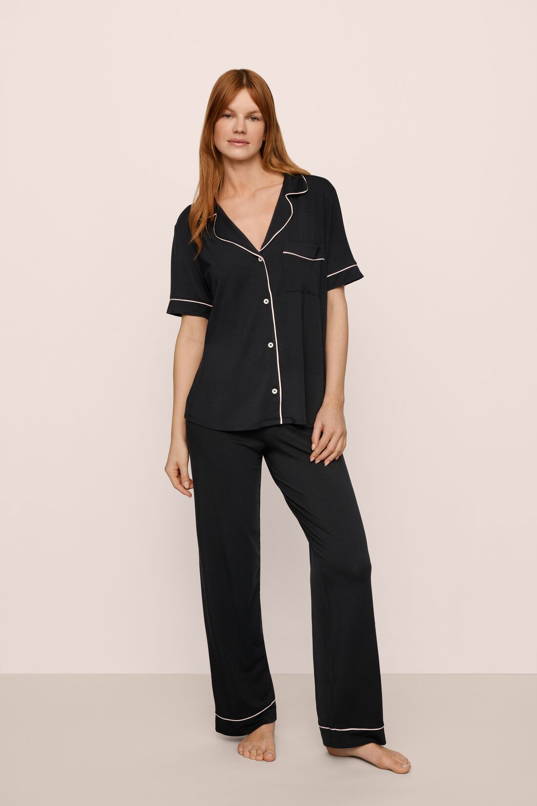 Model Is Wearing Gisele Short Sleeve PJ Set In Black/Sorbet Pink
