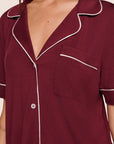 Model is wearing Gisele TENCEL™ Modal Short Sleeve & Pant PJ Set  in Bordeaux/Ivory