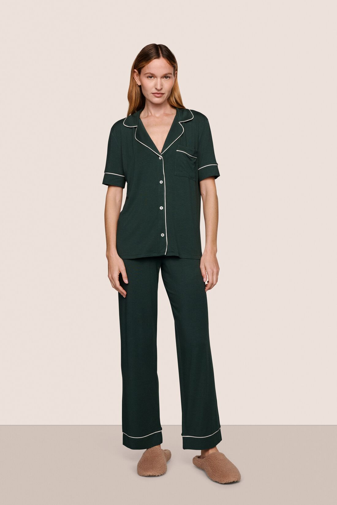 Model is wearing Gisele TENCEL™ Modal Short Sleeve & Pant PJ Set  in Pine/Ivory