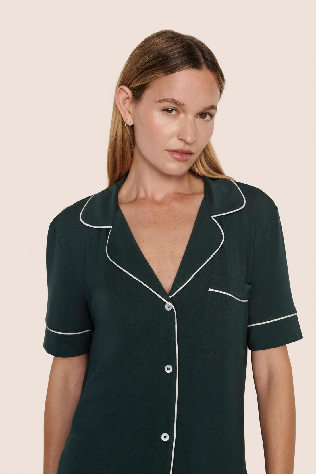 Model is wearing Gisele TENCEL™ Modal Short Sleeve & Pant PJ Set  in Pine/Ivory