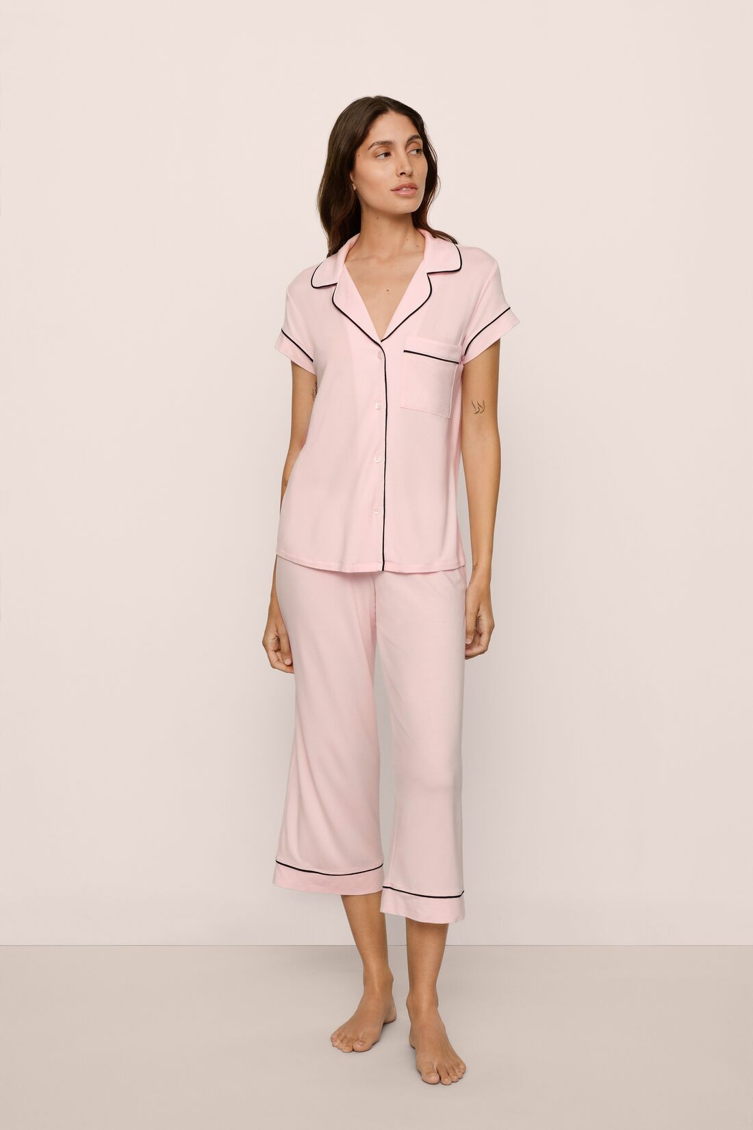 Model Is Wearing Gisele Short Sleeve Crop Pj Set In Sorbet Pink/Black