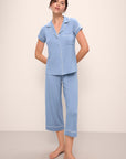 Model wears Gisele TENCEL™ Modal Short Sleeve Cropped PJ Set in wedgewood blue/ivory.