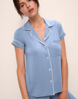 Model wears Gisele TENCEL™ Modal Short Sleeve Cropped PJ Set in wedgewood blue/ivory.