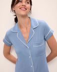 Model wears Gisele TENCEL™ Modal Short Sleeve Cropped PJ Set in wedgewood blue/ivory.