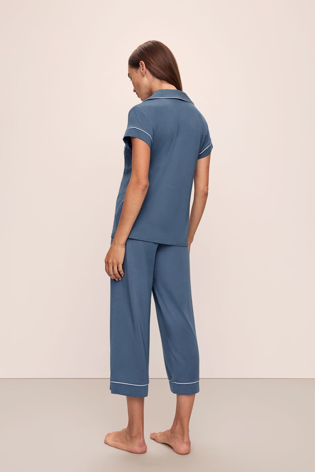 Model wears Gisele TENCEL™ Modal Short Sleeve Cropped PJ Set in Coastal Blue/Ice Blue.