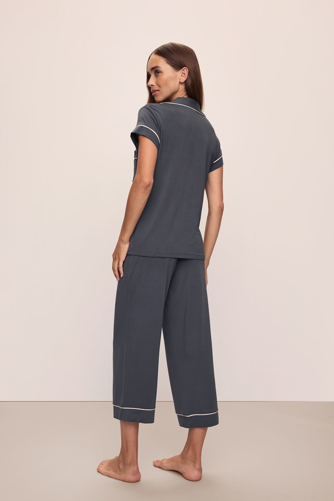 Model wears Gisele TENCEL™ Modal Short Sleeve Cropped PJ Set in Graphite/Sorbet Pink.