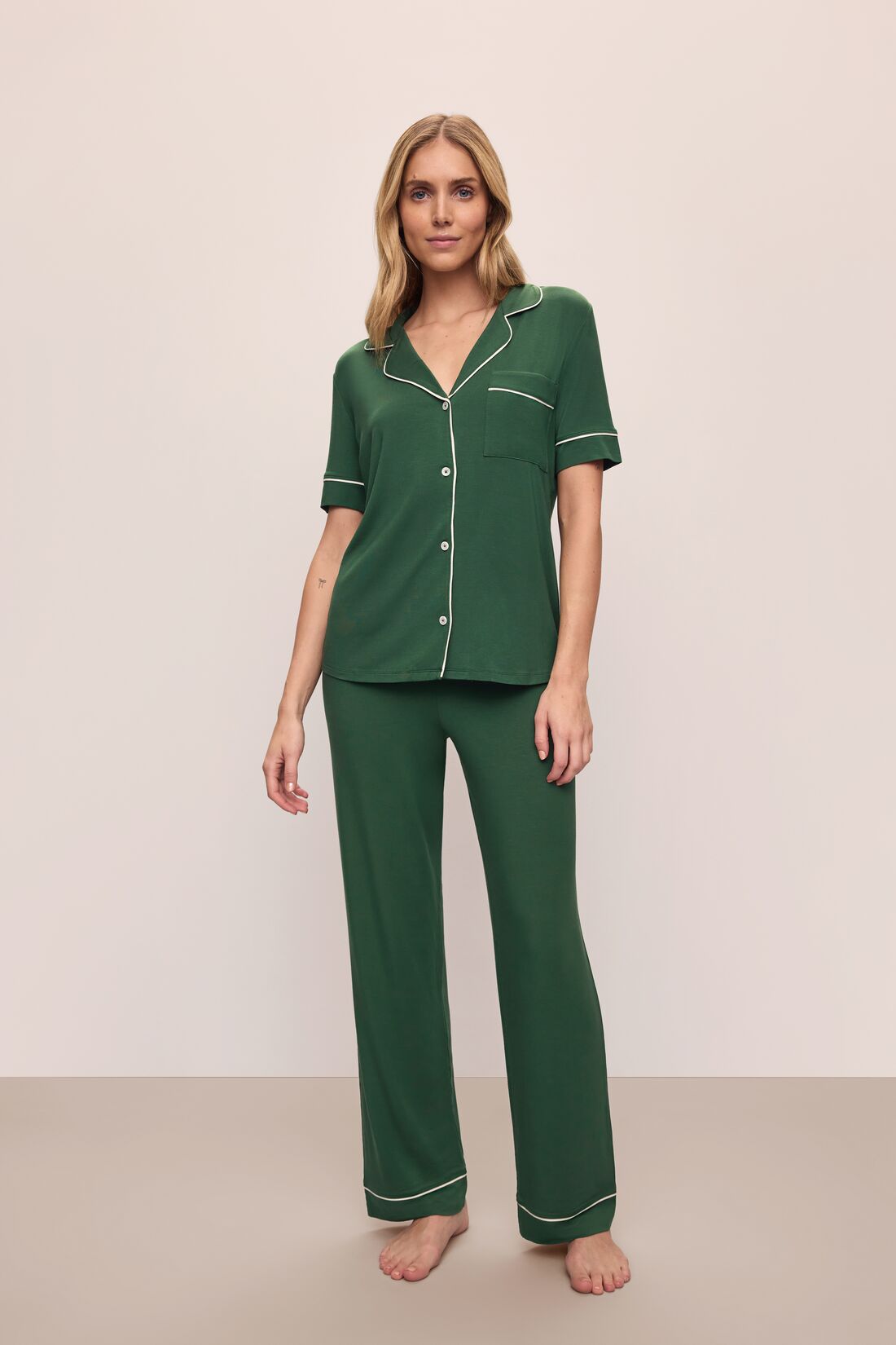 Model wears Gisele TENCEL™ Modal Short Sleeve &amp; Pant PJ Set in Forest Green/Ivory.