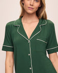 Model wears Gisele TENCEL™ Modal Short Sleeve & Pant PJ Set in Forest Green/Ivory.