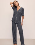 Model wears Gisele TENCEL™ Modal Short Sleeve & Pant PJ Set in Graphite/Sorbet Pink.