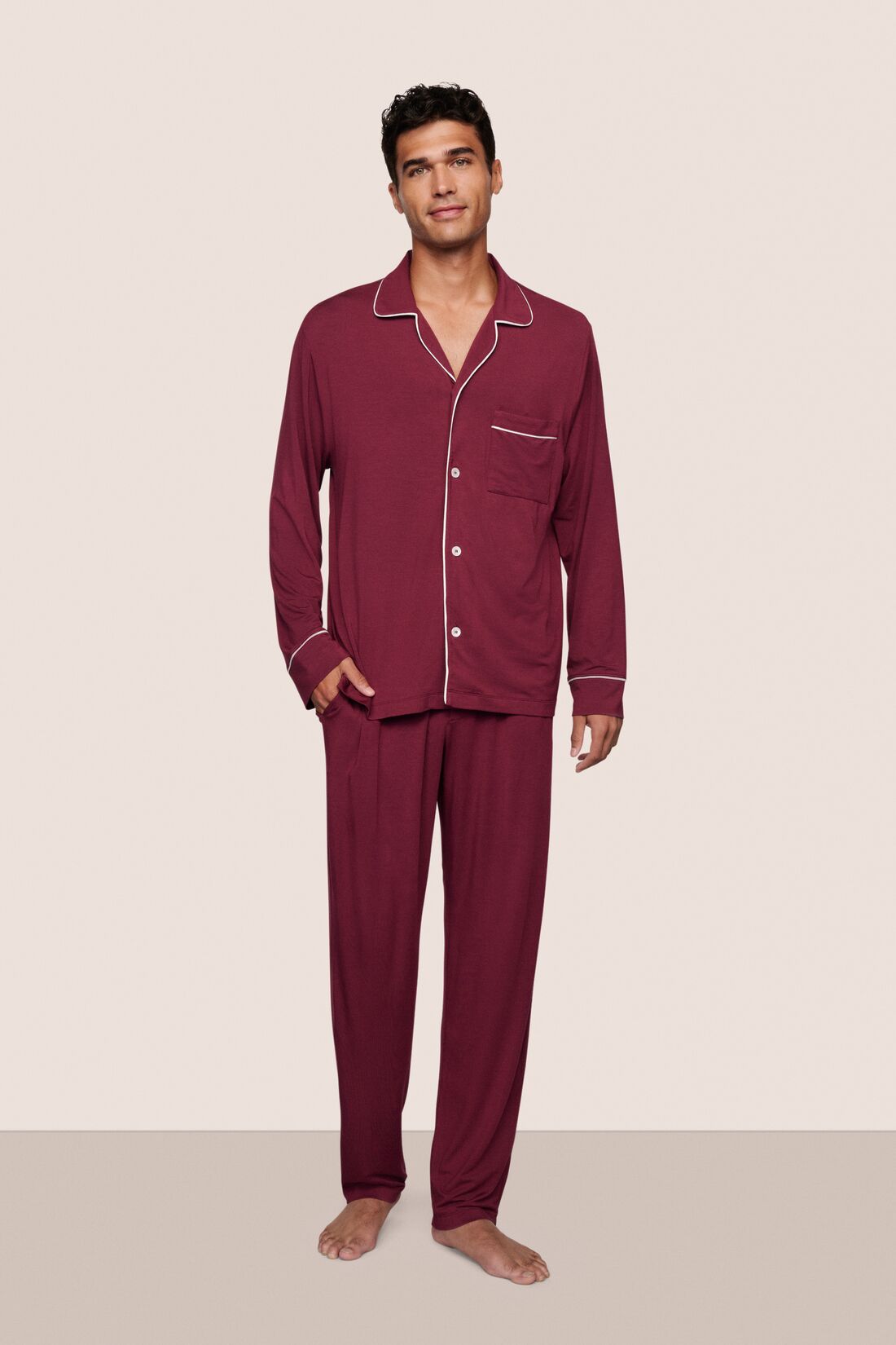 Model is wearing William TENCEL™ Modal Long PJ Set  in Bordeaux/Ivory