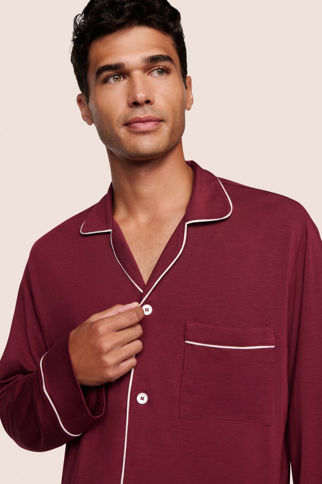 Model is wearing William TENCEL™ Modal Long PJ Set  in Bordeaux/Ivory