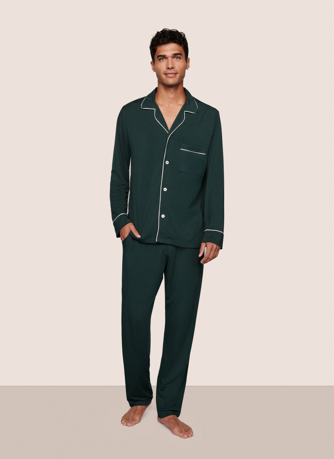 Model is wearing William TENCEL™ Modal Long PJ Set  in Pine/Ivory