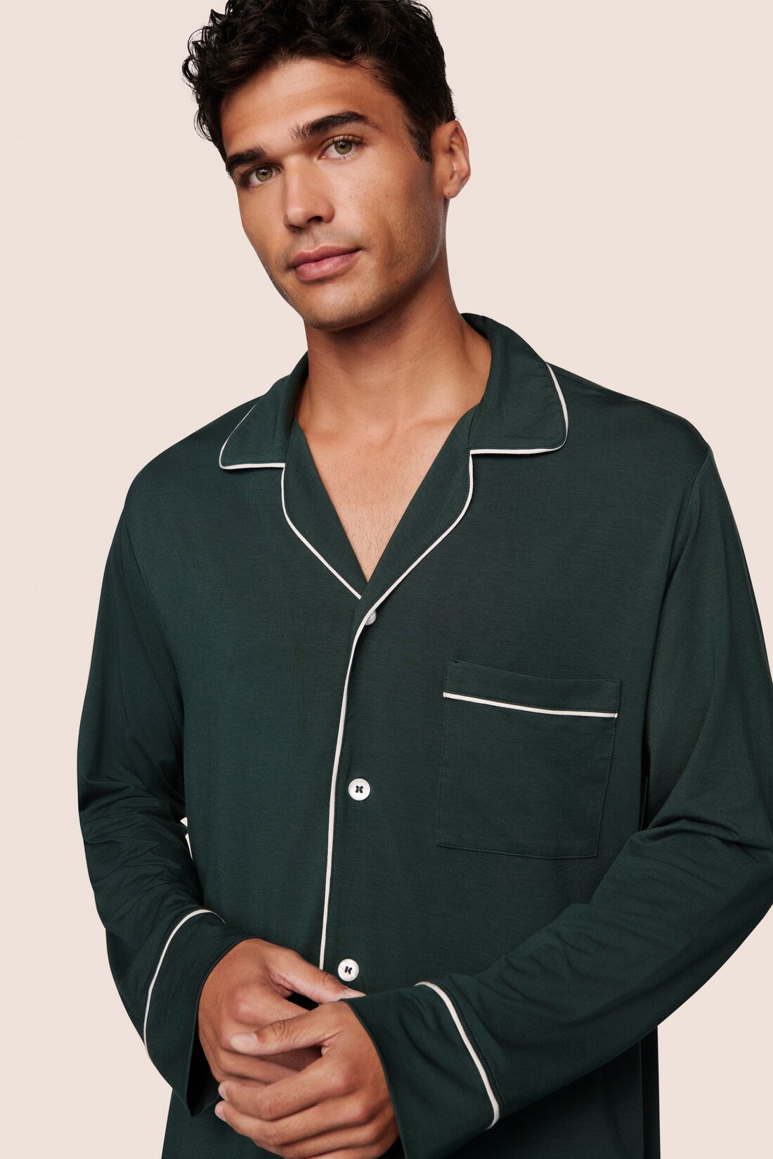 Model is wearing William TENCEL™ Modal Long PJ Set  in Pine/Ivory