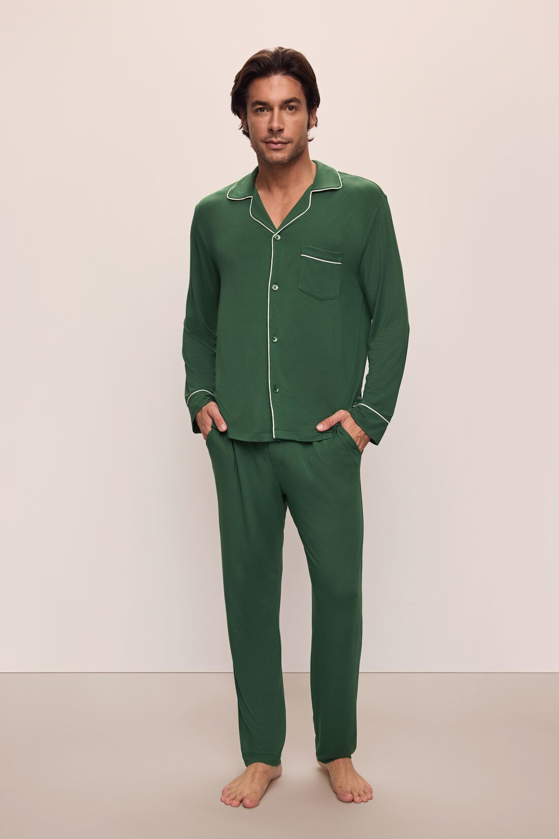 Model wears William TENCEL™ Modal Long PJ Set in Forest Green/Ivory.