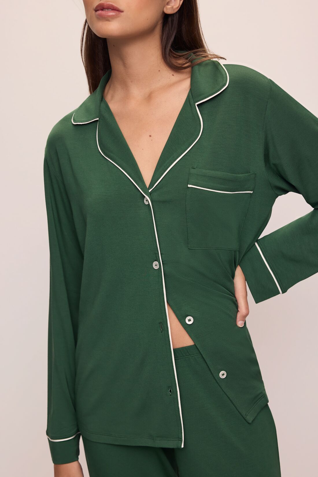 Model wears the Gisele TENCEL™ Modal Long PJ Set in Forest Green/Ivory.