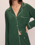 Model wears the Gisele TENCEL™ Modal Long PJ Set in Forest Green/Ivory.