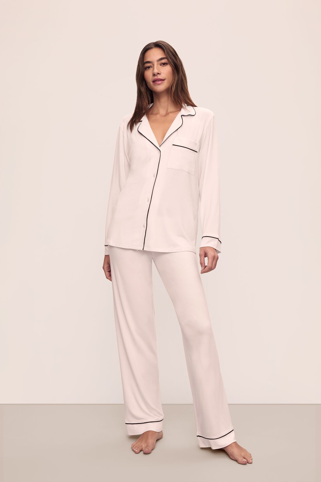 Model wears Gisele TENCEL™ Modal Long PJ Set in Sorbet Pink/Black