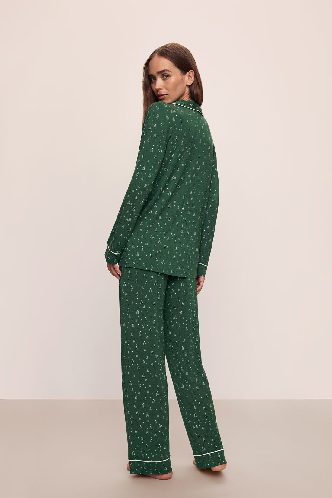 Model wears the Gisele Printed TENCEL™ Modal Long PJ Set in Winterpine Forest Green/Ivory.