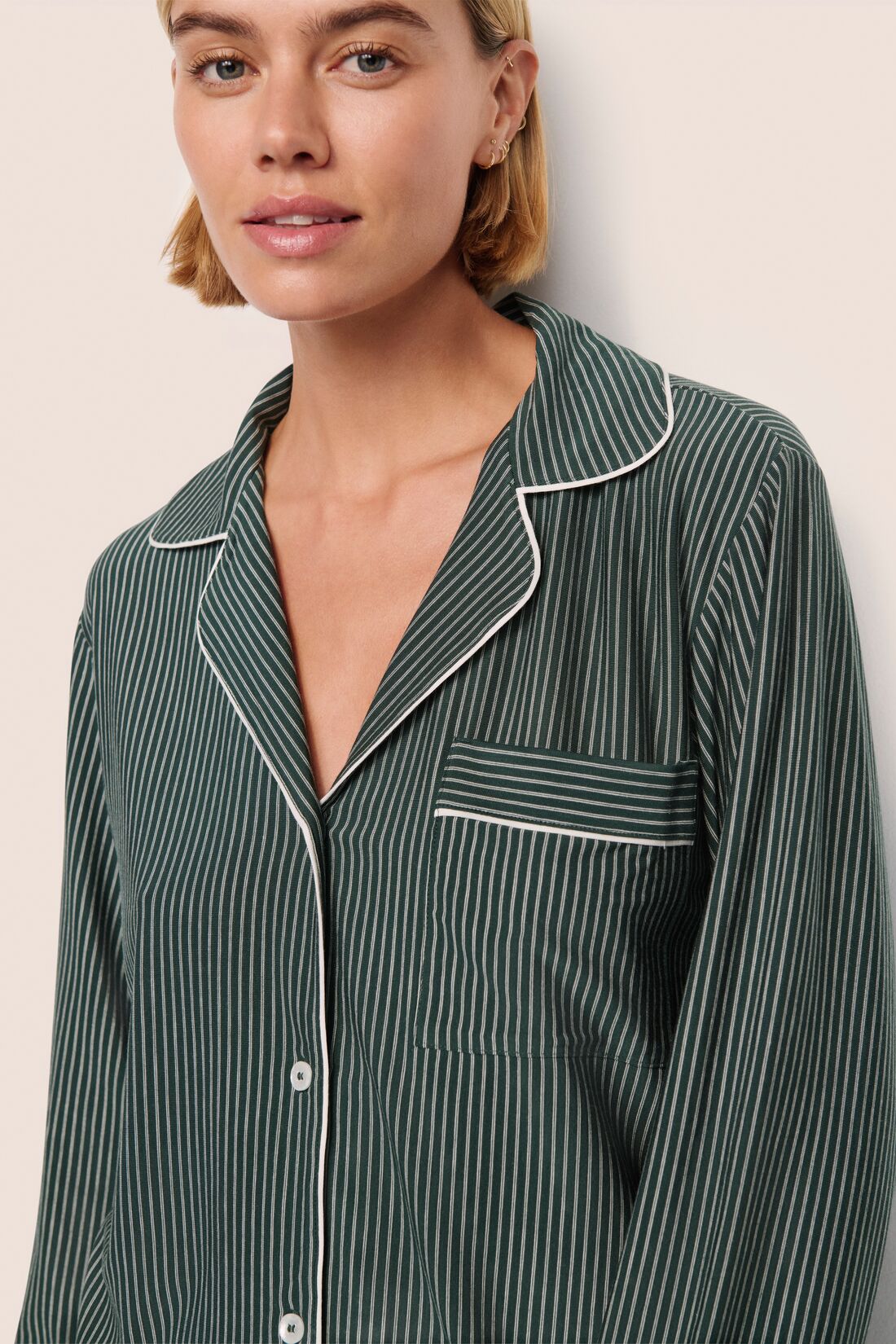 Model is wearing Gisele Printed TENCEL™ Modal Long PJ Set  in Duo Stripe Pine/Ivory
