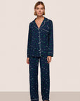 Model is wearing Gisele Printed TENCEL™ Modal Long PJ Set  in Forest Pine Navy/Ivory
