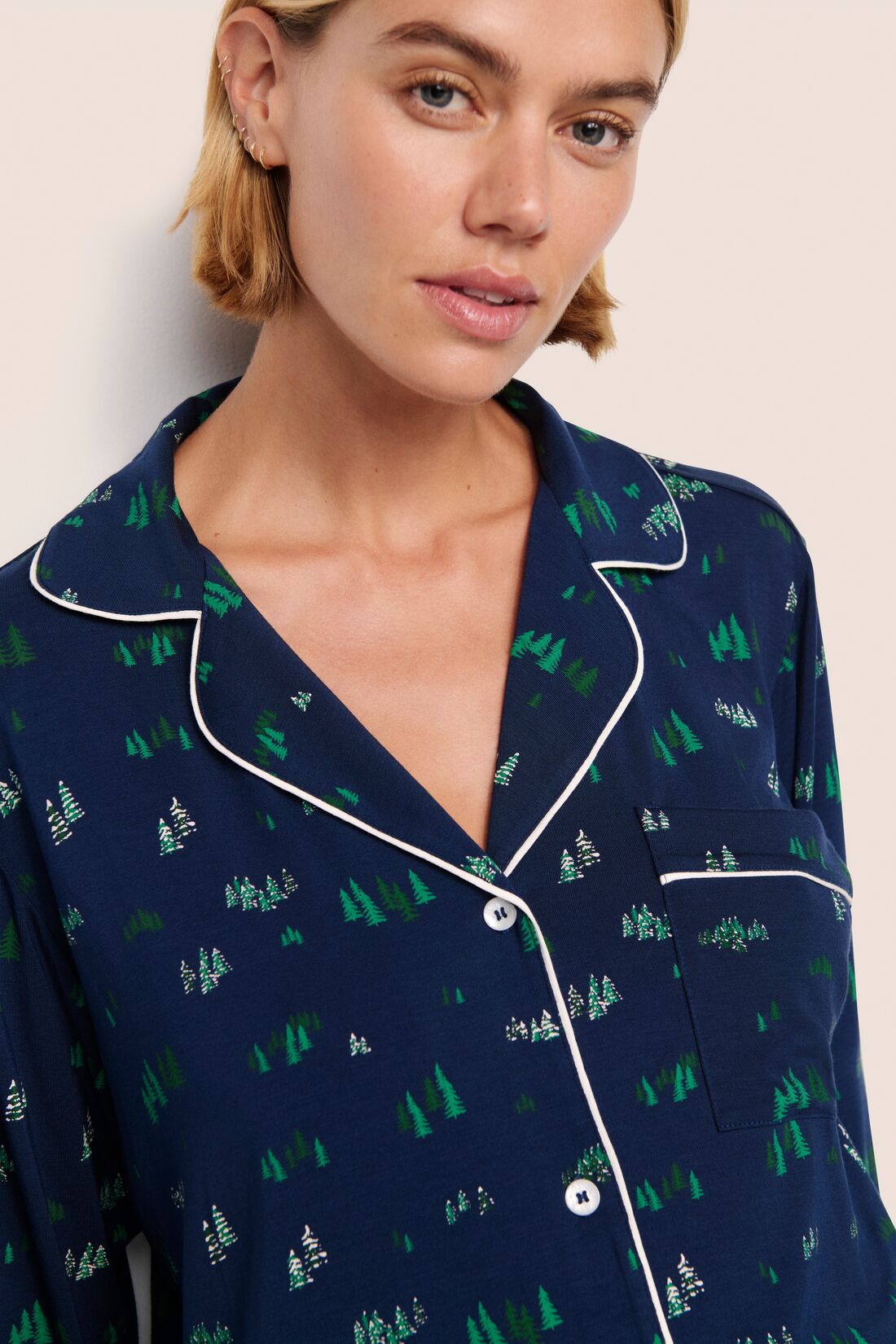 Model is wearing Gisele Printed TENCEL™ Modal Long PJ Set  in Forest Pine Navy/Ivory
