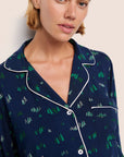 Model is wearing Gisele Printed TENCEL™ Modal Long PJ Set  in Forest Pine Navy/Ivory