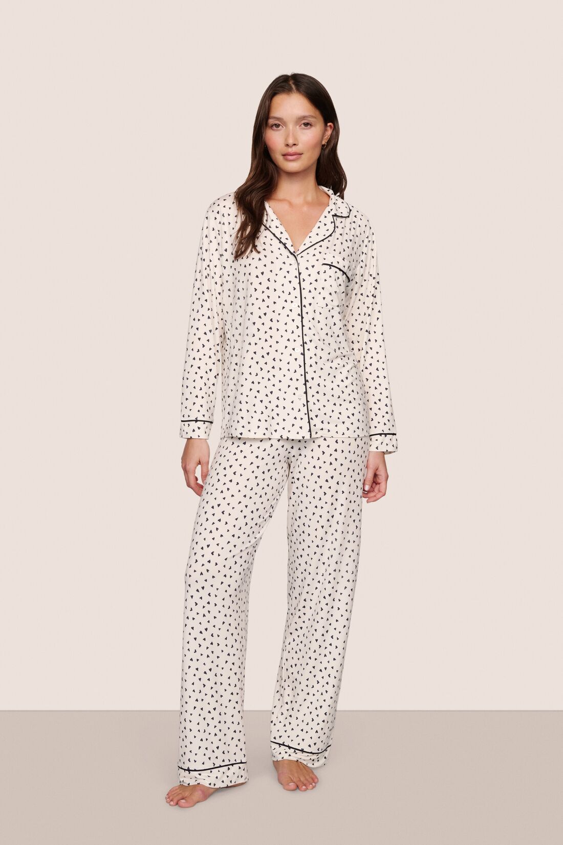 Model is wearing Gisele Printed TENCEL™ Modal Long PJ Set  in Heart To Heart Black/Blk