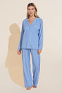 Model wears Gisele Printed TENCEL™ Modal Long PJ Set in Nordic Stripes Vista Blue/Ivory.