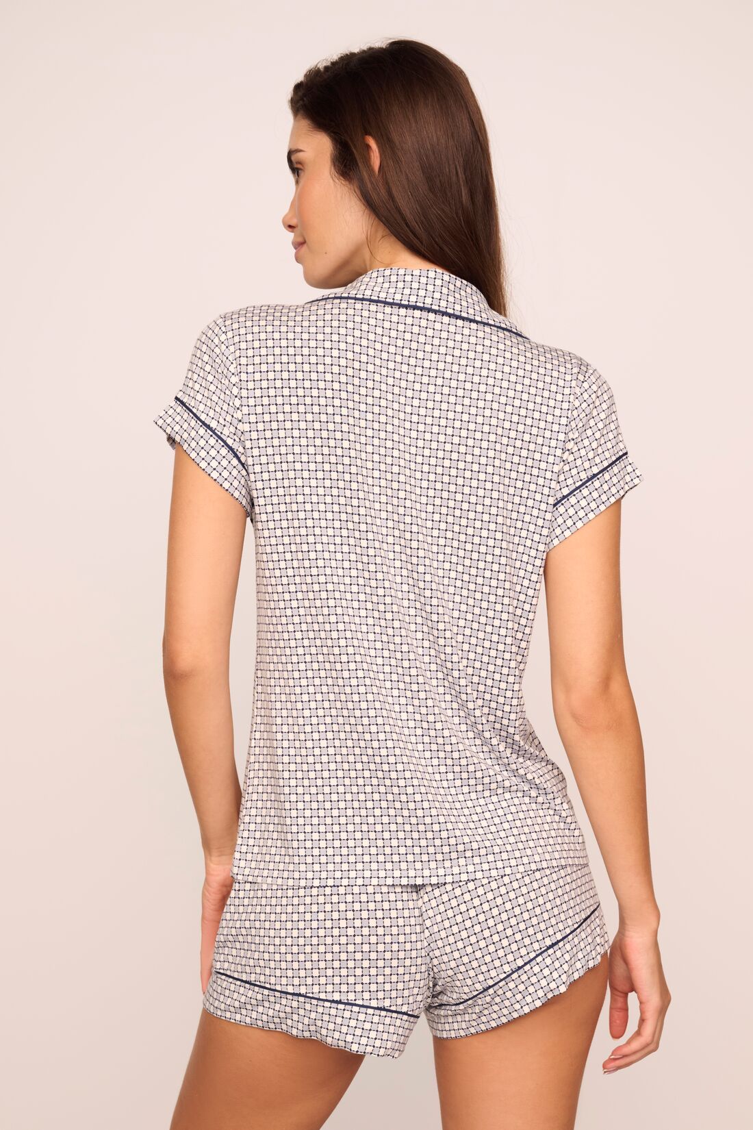 Model is wearing Gisele Printed TENCEL™ Modal Shortie Short PJ Set  in  Geo Sphere Gray Dawn