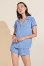 Model wears Gisele Printed TENCEL™ Modal Shortie Short PJ Set in Nordic Stripes Vista Blue/Ivory.