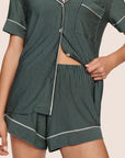 Model is wearing Gisele Printed TENCEL™ Modal Relaxed Short PJ Set  in Duo Stripe Pine/Ivory