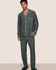 Model is wearing William Printed TENCEL™ Modal Long PJ Set  in Duo Stripe Pine/Ivory