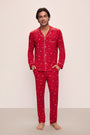 Model wears William Printed TENCEL™ Modal Long PJ Set in Winter Wonderland Haute Red/Ivory.