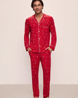 Model wears William Printed TENCEL™ Modal Long PJ Set in Winter Wonderland Haute Red/Ivory.