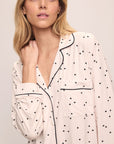 Detail shot of Model wearing Gisele Printed TENCEL™ Modal Long PJ Set in Little Heart Sorbet Pink/Black