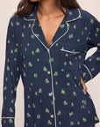 Model wears the Gisele Printed TENCEL™ Modal Long PJ Set in Woodland Pine Navy/Ivory.