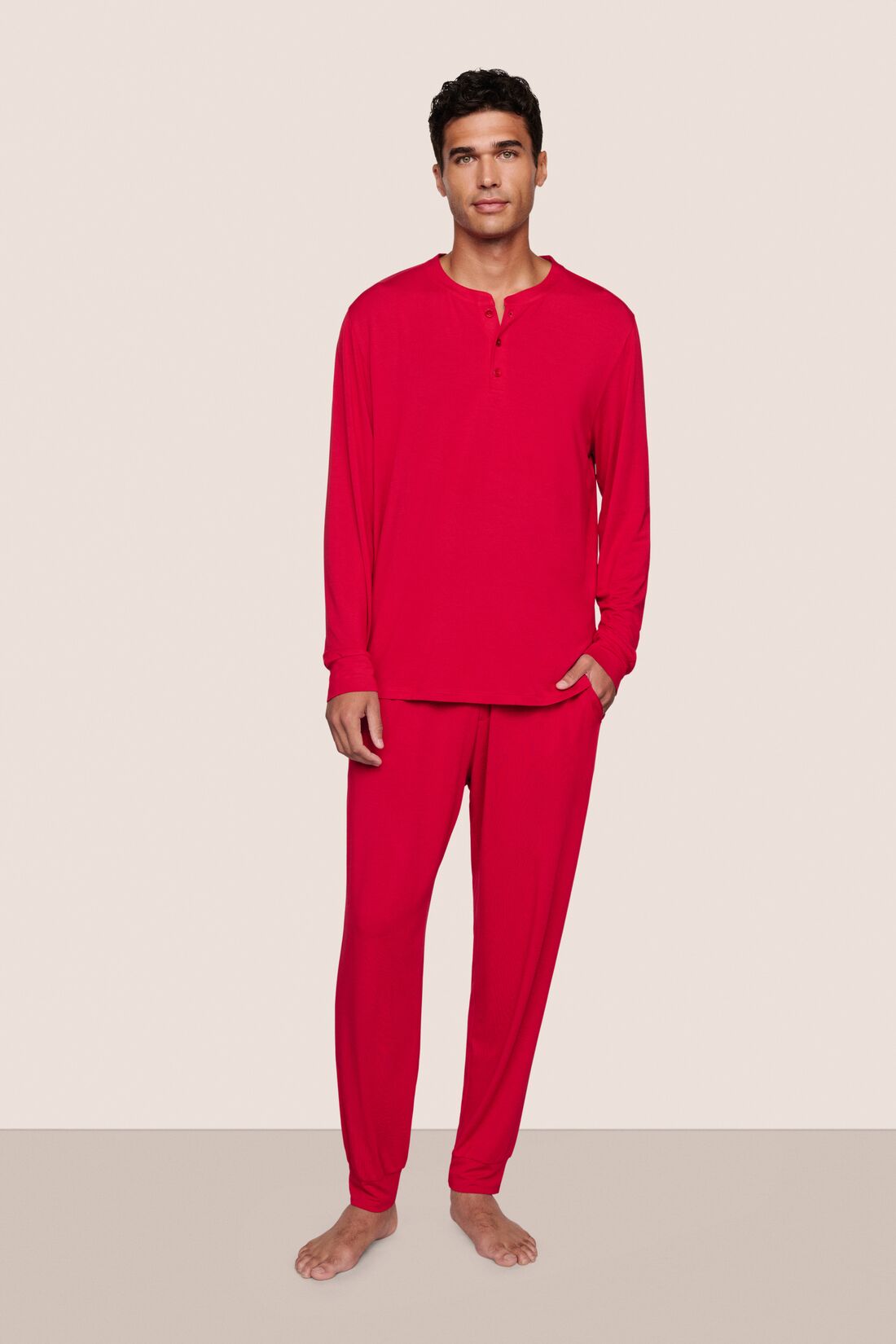 Model is wearing Henry TENCEL™ Modal Long PJ Set  in Holly Red