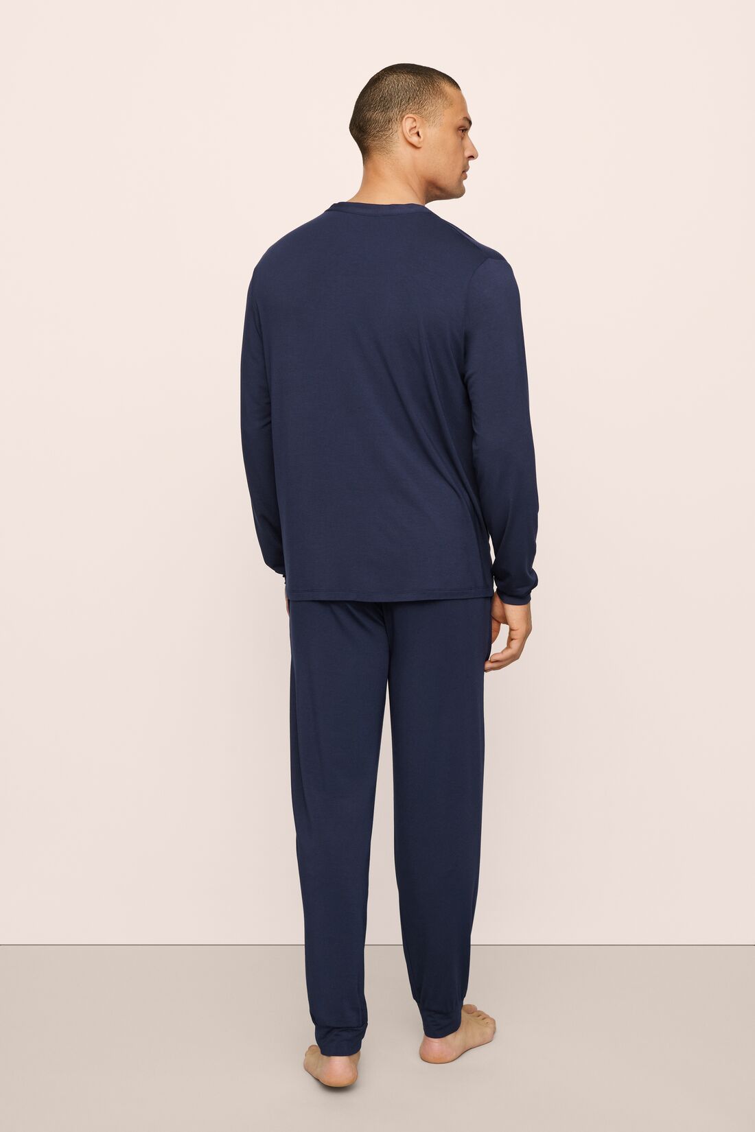 Model Is Wearing Henry Long Pj Set In True Navy