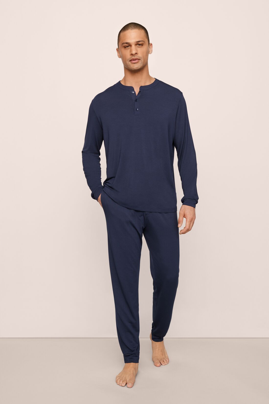 Model Is Wearing Henry Long Pj Set In True Navy
