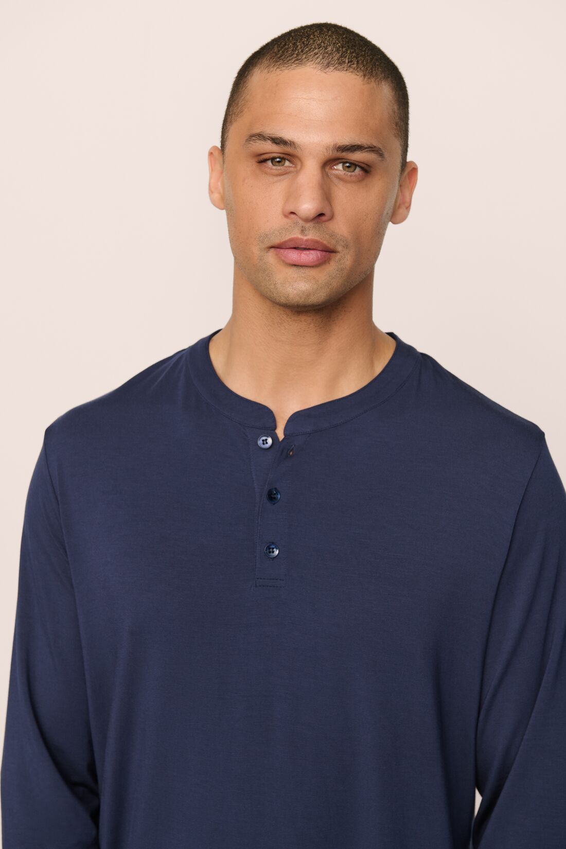Model Is Wearing Henry Long Pj Set In True Navy