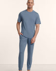 Model is wearing Henry TENCEL™ Modal Short Sleeve & Pant PJ Set in Slate Blue