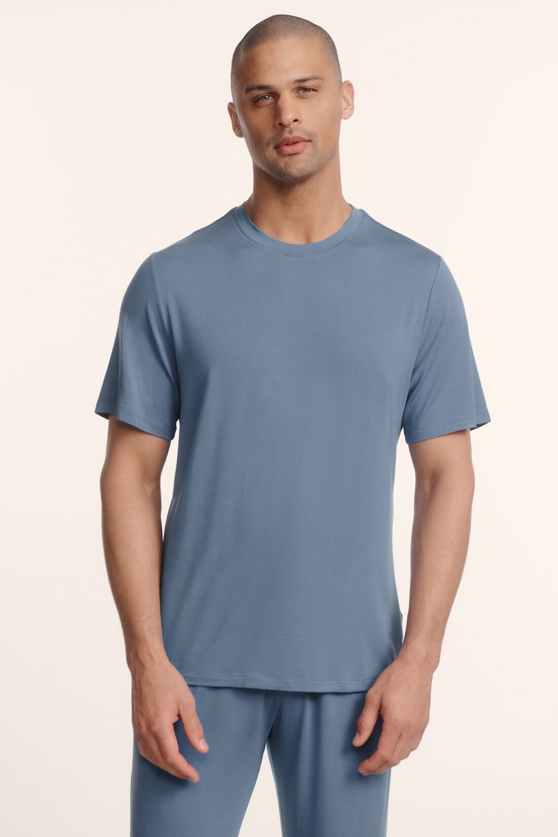 Model is wearing Henry TENCEL™ Modal Short PJ Set in Slate Blue