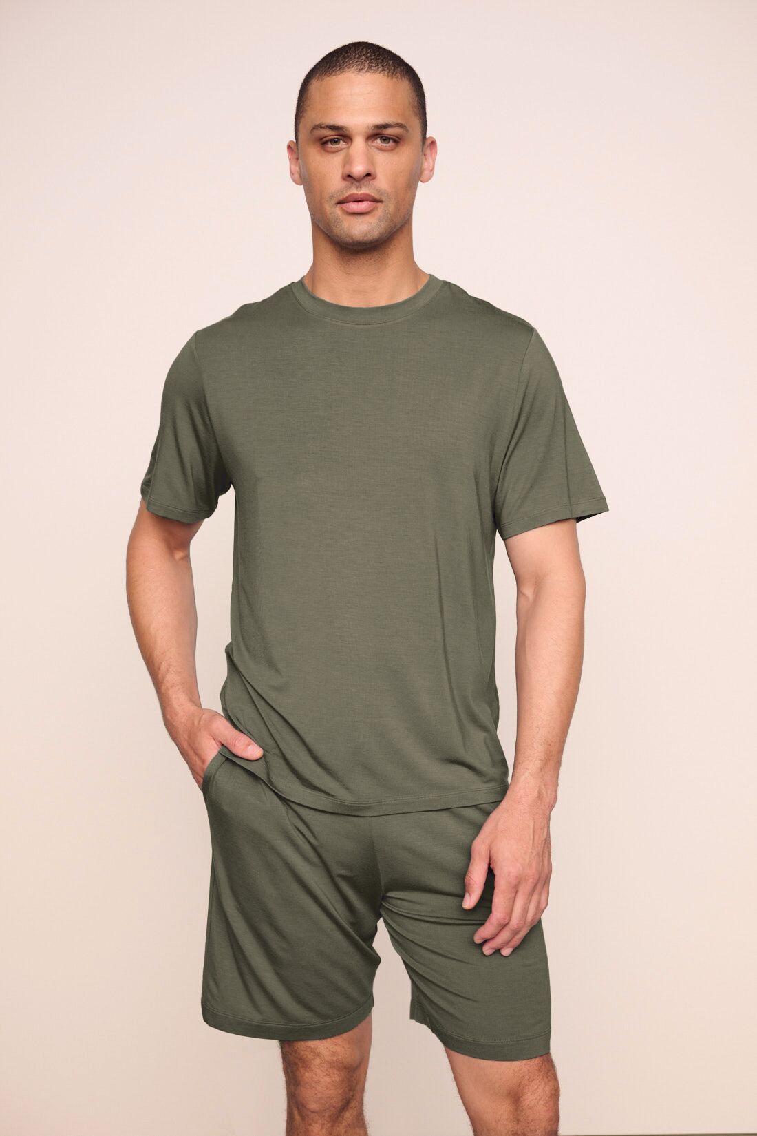 Model is wearing Henry TENCEL™ Modal Short PJ Set  in Smokey Olive