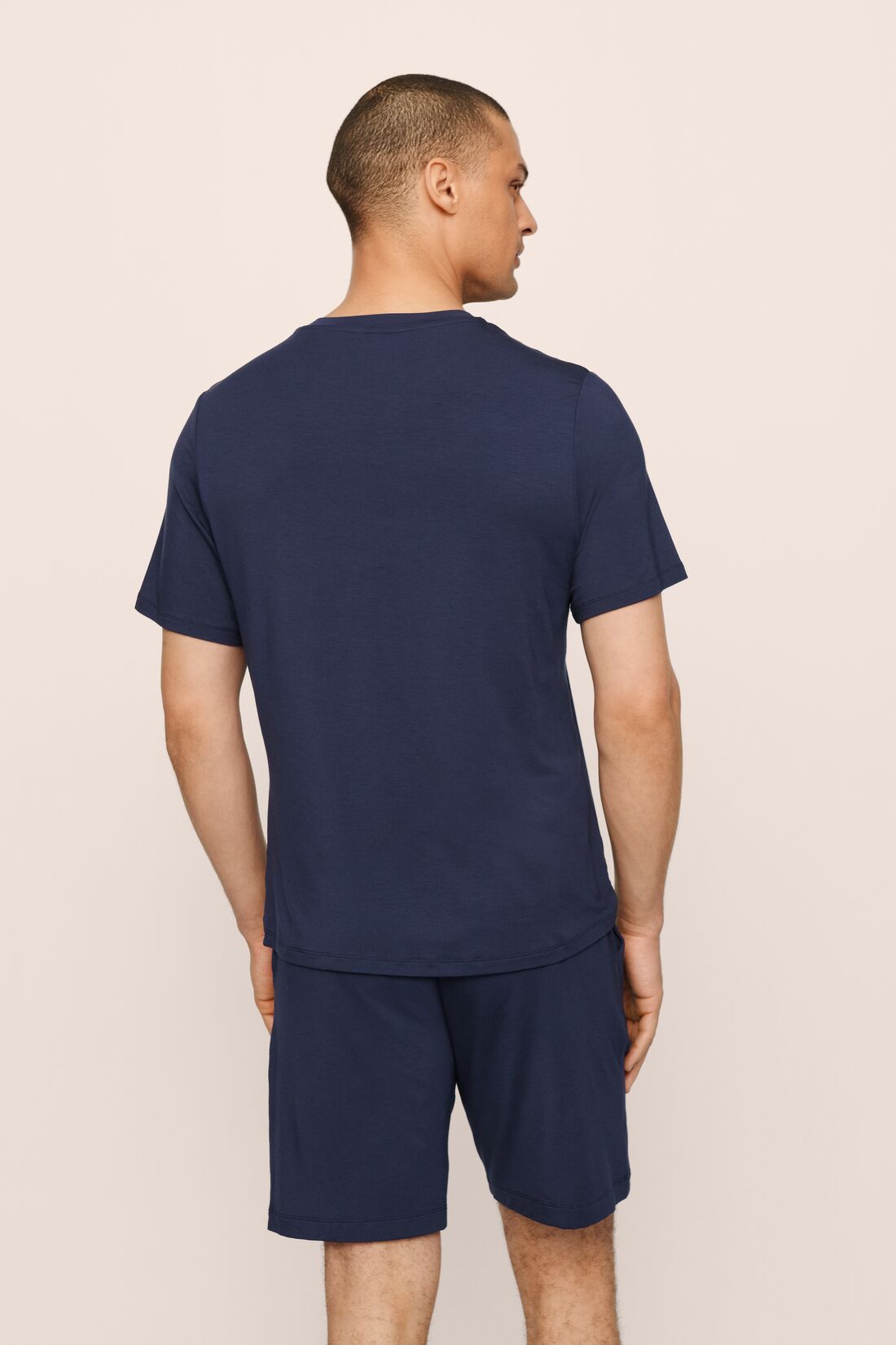 Model Is Wearing Henry Short Pj Set In True Navy