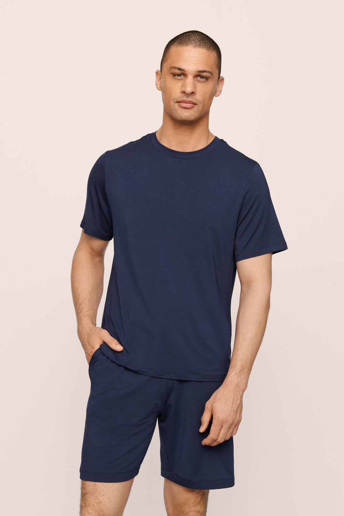 Model Is Wearing Henry Short Pj Set In True Navy