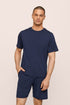 Model Is Wearing Henry Short Pj Set In True Navy