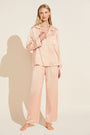 Model is wearing Inez Washable Silk Long PJ Set in Rose Cloud/Champagne.